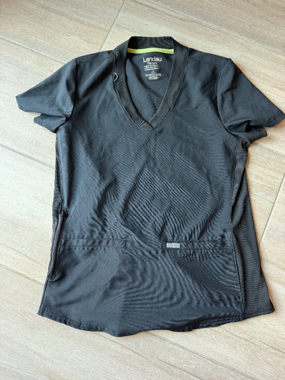 Landau Black V-Neck Scrub Top with Hidden Zipper Pocket - Women's Size S